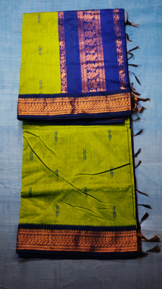 Gadwal Silk Cotton Lime green and blue Gadwal saree