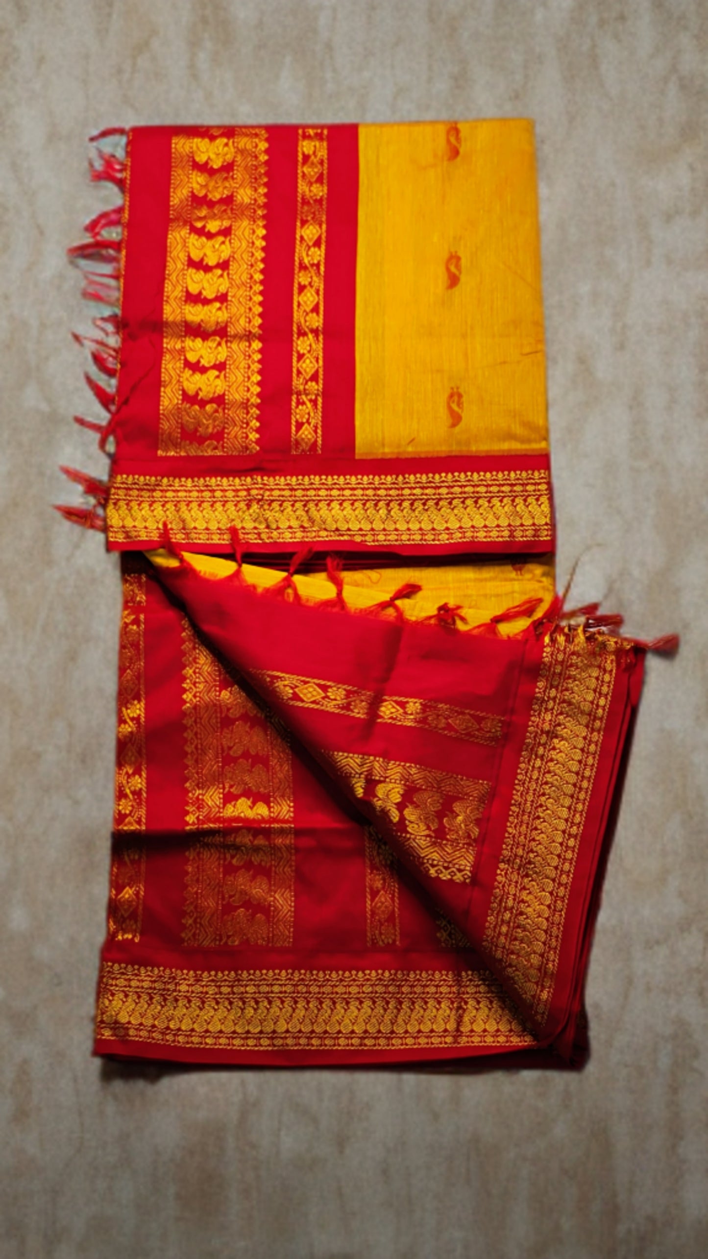 Royal Red & Mustard Handloom Silk Saree with Zari Border