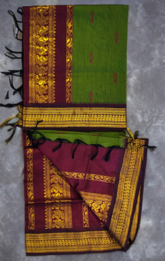 Gadhwal Saree - Traditional Green & Maroon Gadwal Silk Saree with Rich Golden Zari Border