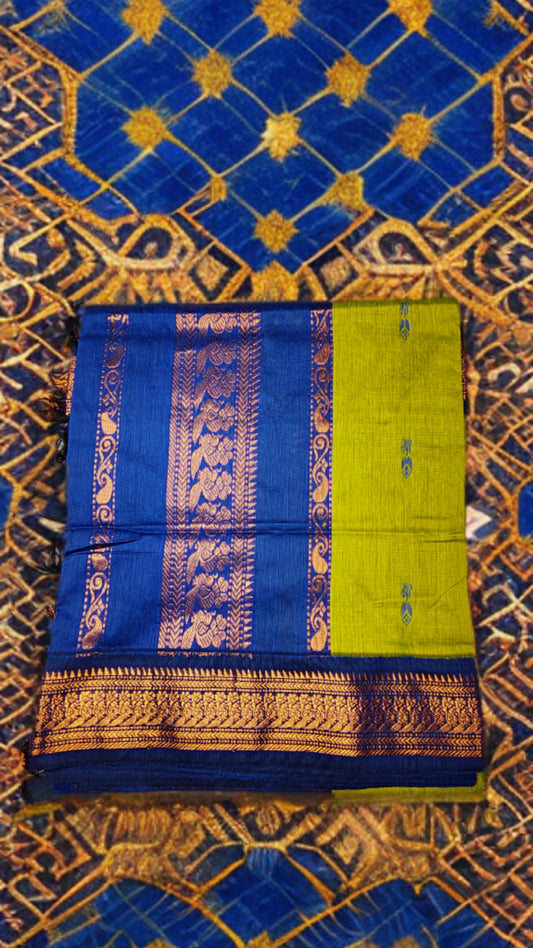 Gadwal Silk Cotton Lime green and blue Gadwal saree