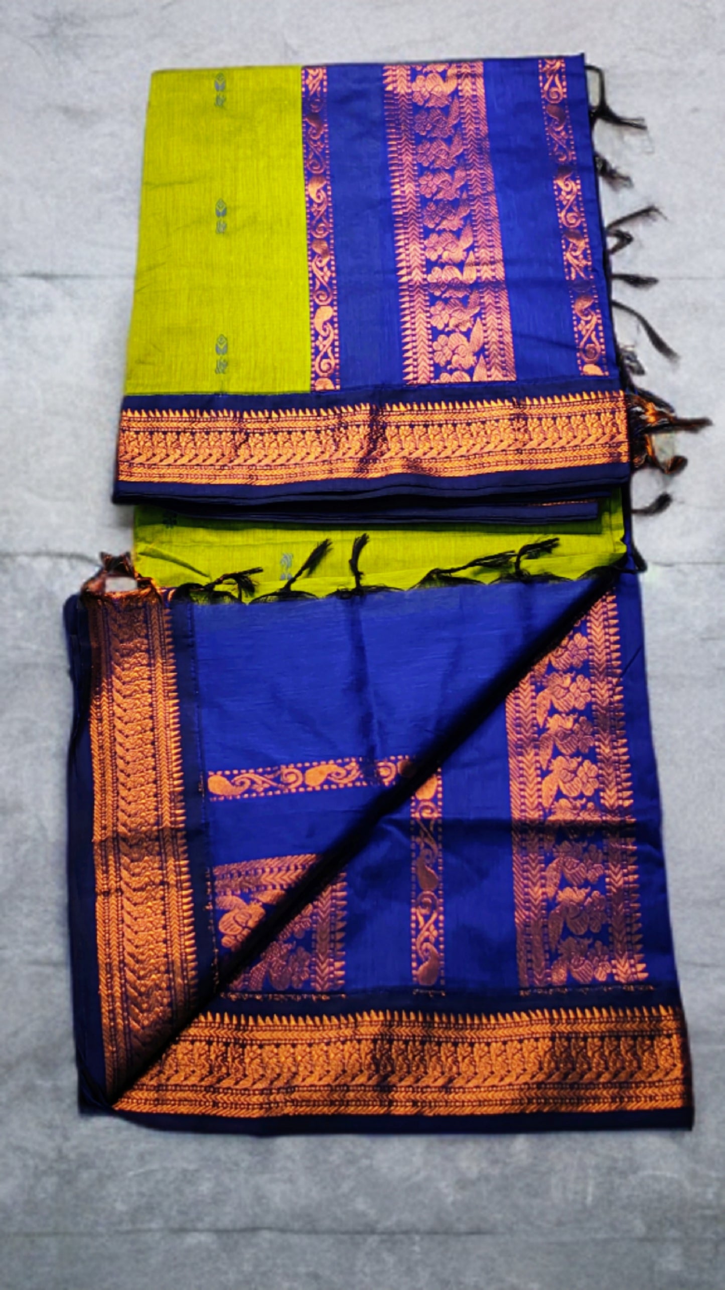 Gadwal Silk Cotton Lime green and blue Gadwal saree