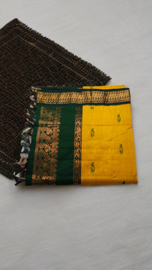 Traditional Gadhwal Silk Saree – Yellow & Green Zari Border