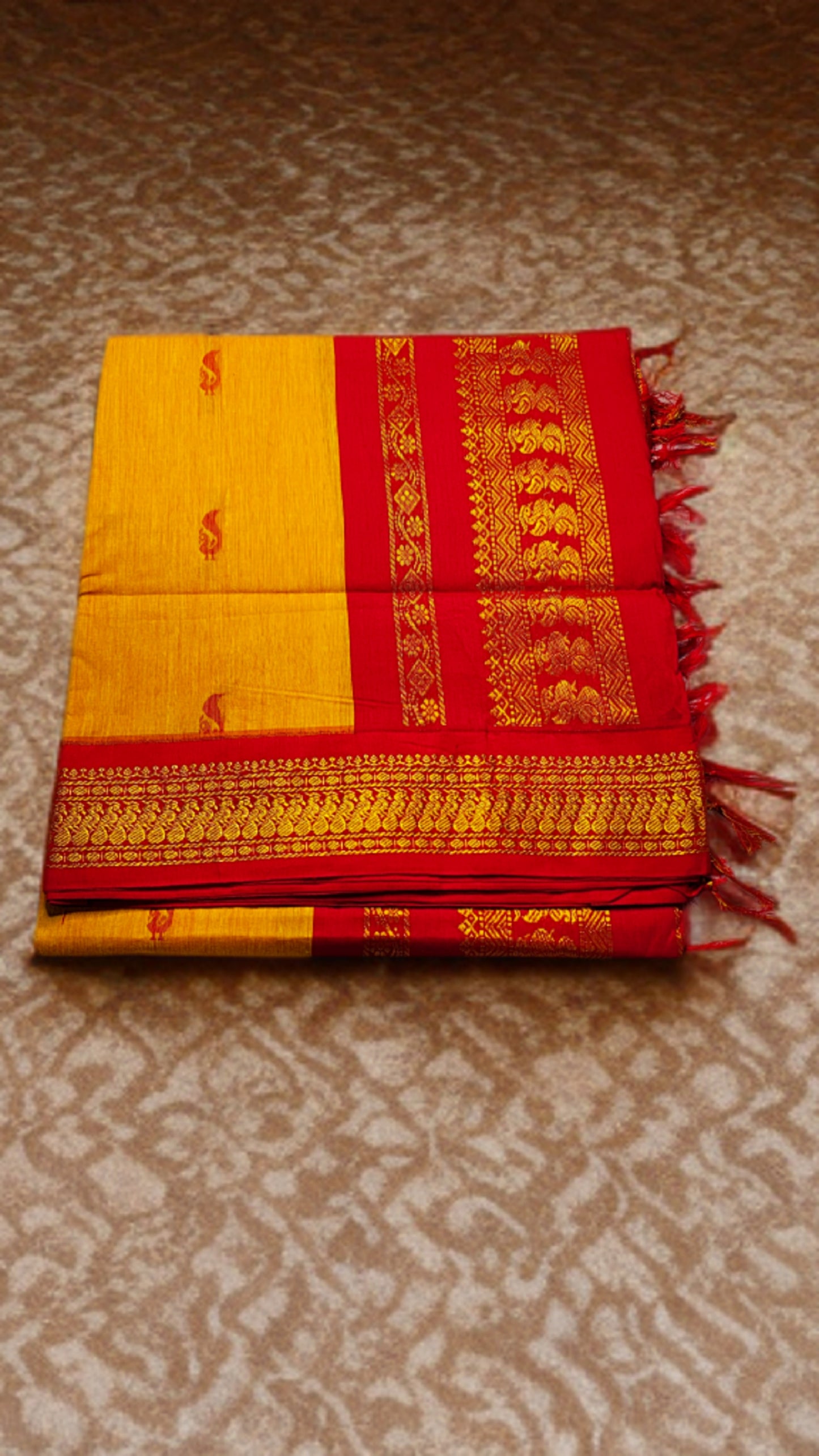 Royal Red & Mustard Handloom Silk Saree with Zari Border