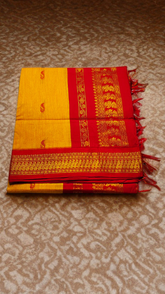 Royal Red & Mustard Handloom Silk Saree with Zari Border