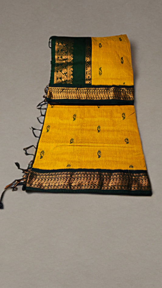 Traditional Gadhwal Silk Saree – Yellow & Green Zari Border