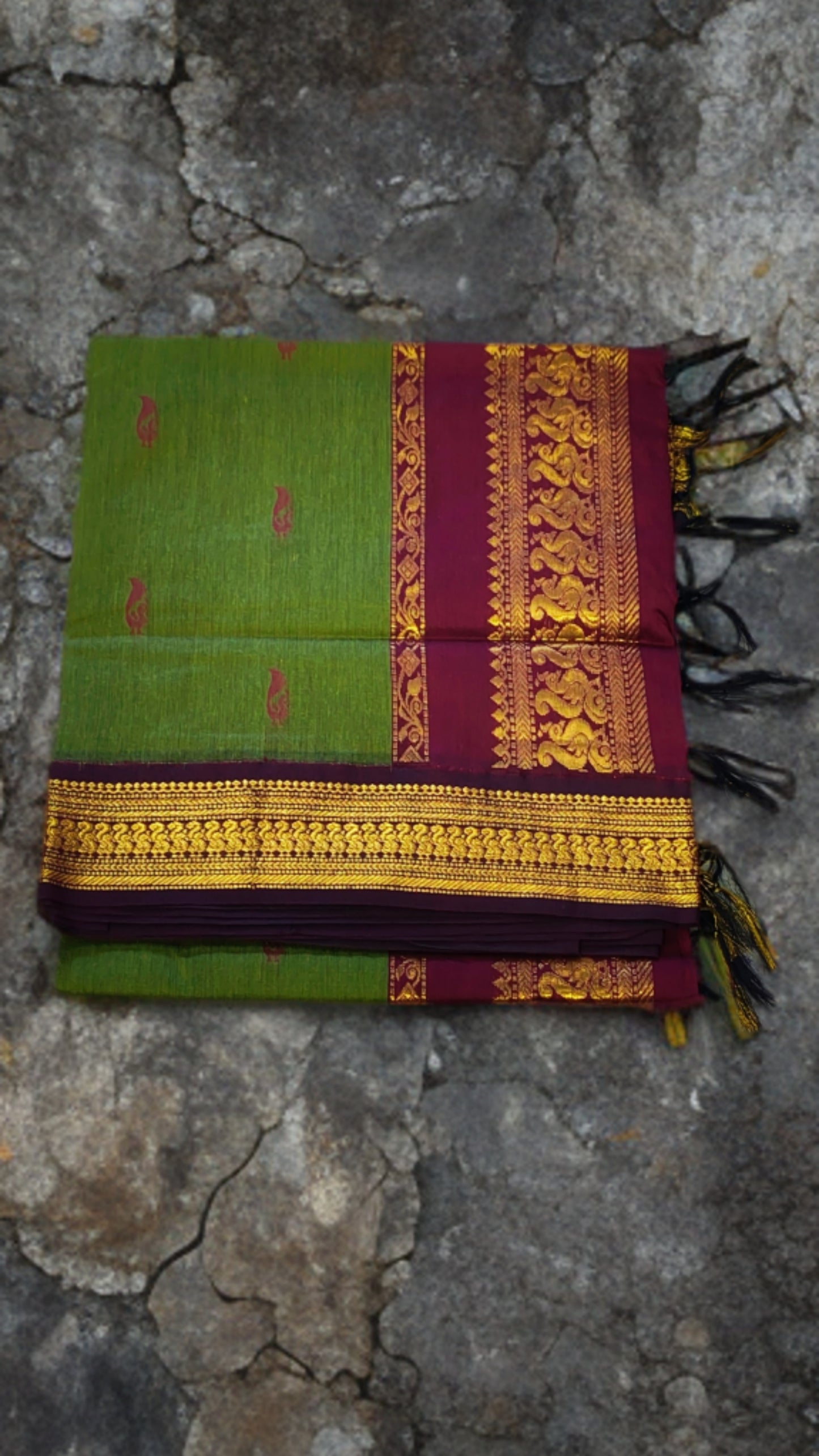 Gadhwal Saree - Traditional Green & Maroon Gadwal Silk Saree with Rich Golden Zari Border