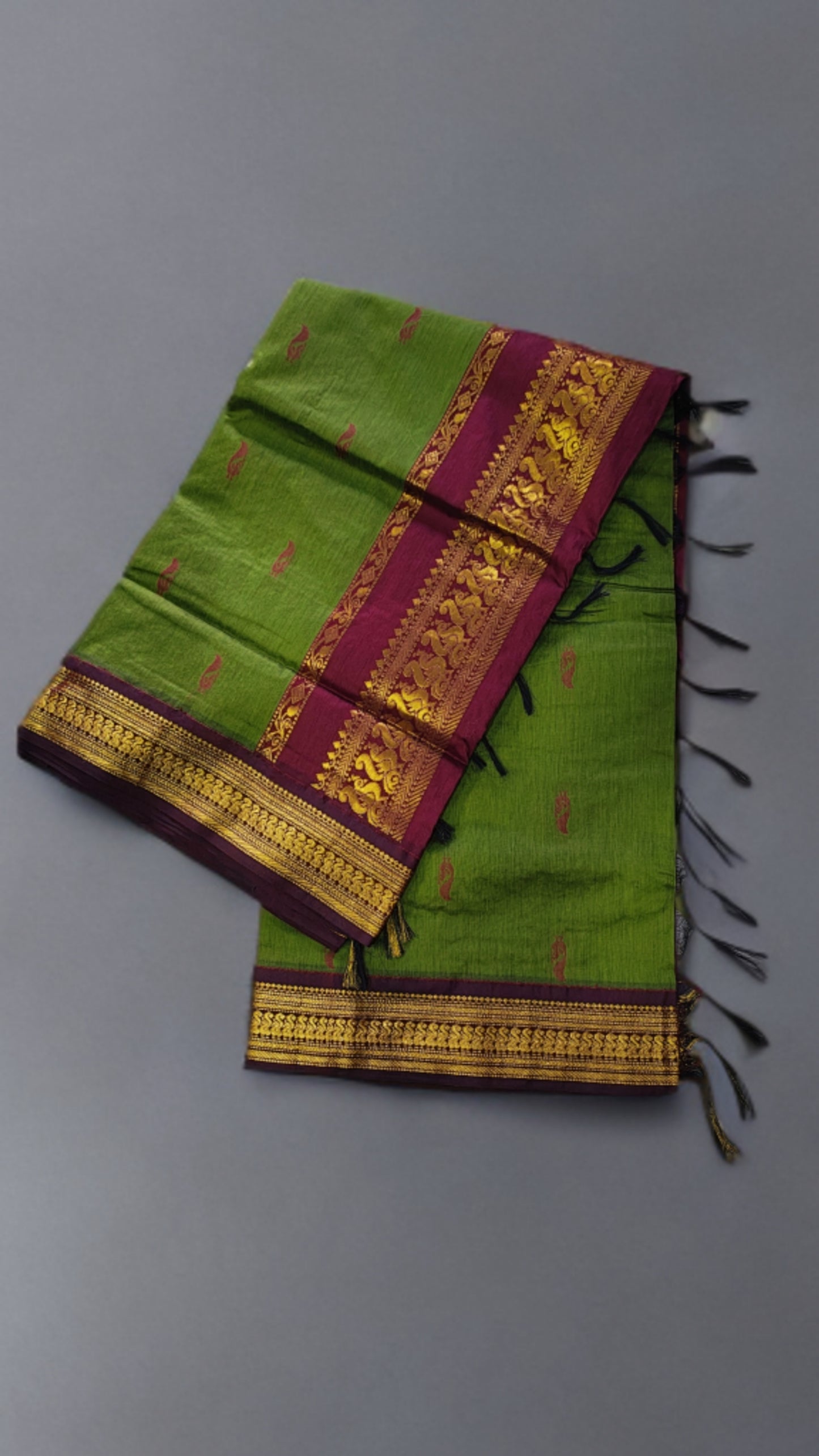 Gadhwal Saree - Traditional Green & Maroon Gadwal Silk Saree with Rich Golden Zari Border